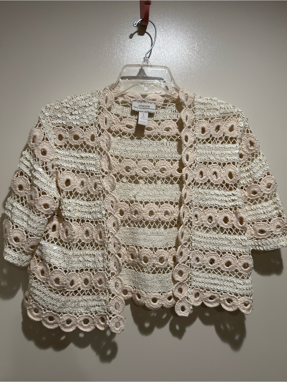 Chico's Cream Sequined Crochet Open Cardigan/Bolero